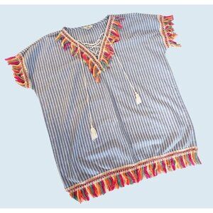 ENTRO Boho Fringe Tassel Tunic Cover-Up Top Shirt Size LG